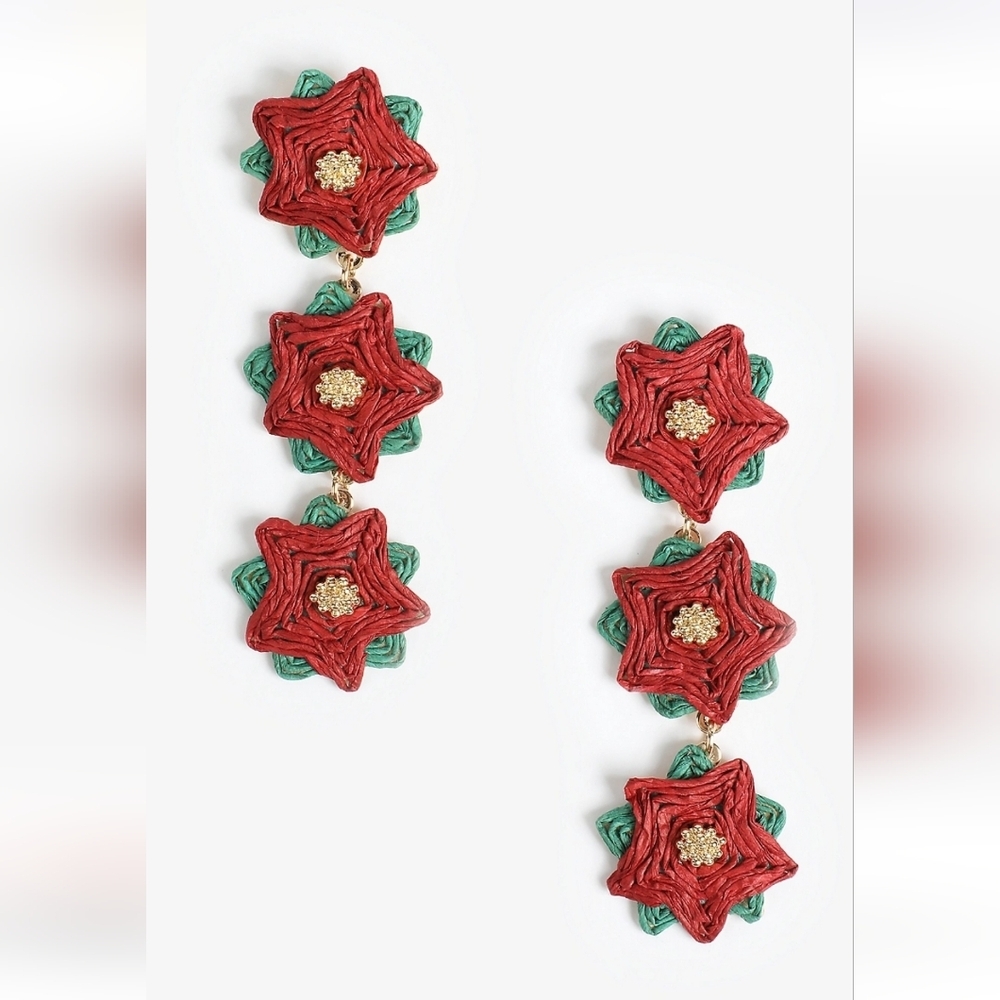 Maurices Celebration Red & Green Poinsetta Earrings New